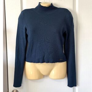 Calvin Klein Medium Mock-Neck Blue Ribbed Sweater Long Sleeve